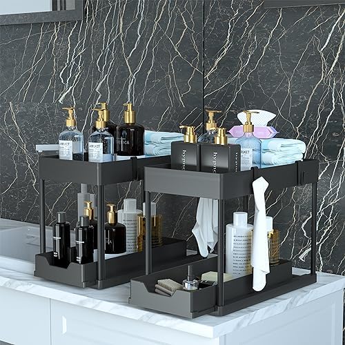 Under Sink Organizer 2 Pack, Bathroom Cabinet Organizer, 2 Tier Sliding Cabinet Basket Organizer Drawer, Multi-Purpose Bath Collection Baskets for Bathroom (Black)