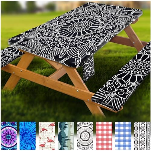 Fitted Picnic Table Cover with Bench Covers Vinyl Waterproof Elastic Edges Fitted Rectangle Tables Patio Tablecloth Camping Gear and Essentials Rv Accessories Road Trip Supplies Car Travel Must Haves