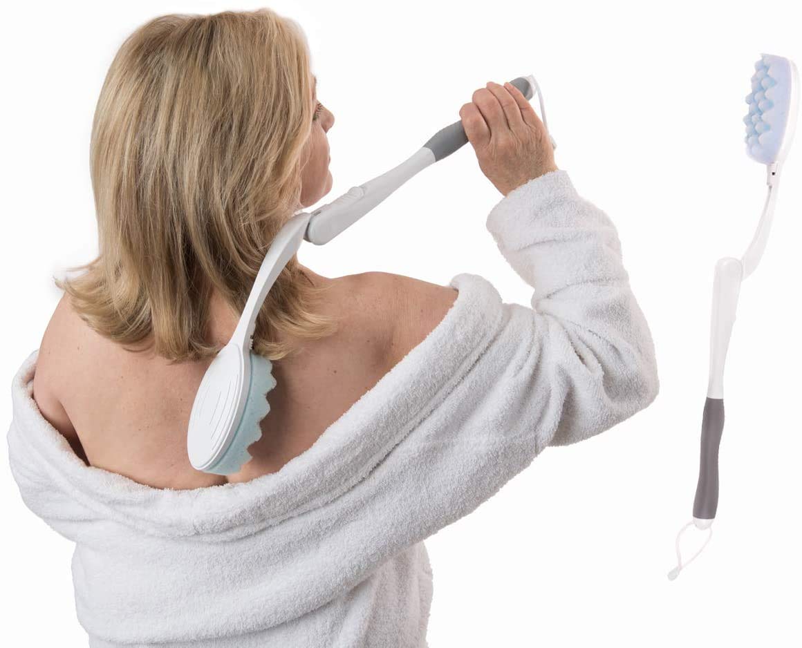 Juvo BWLA01 Premium All-in-One Wand Applicator, 23" Long Reach Handle, Adjustable, Includes Bath Sponge and Lotion Pad, 1 Count, White