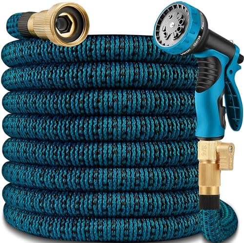 100 ft Expandable Garden Hose - 2025 New Kink Free Flexible Water Hose 100ft with 10 Pattern Spray Nozzle, 3/4 Solid Brass Connectors, Retractable Latex Core - Lightweight Expanding Hose