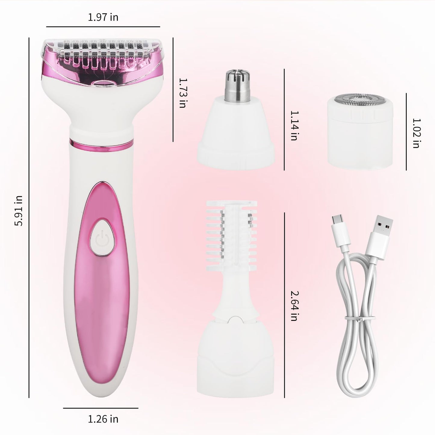 Beanify Electric Razor for Women Men,4 in 1 Painless Ladies Wet & Dry Body Razors and Facial Hair Remover,Rechargeable Led Display Hair Removal Kit for Nose Face Body Leg Bikini Arm Hair (Pink)