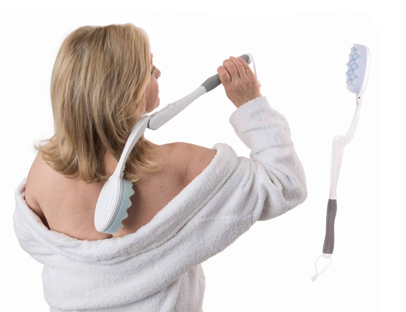 Juvo BWLA01 Premium All-in-One Wand Applicator, 23" Long Reach Handle, Adjustable, Includes Bath Sponge and Lotion Pad, 1 Count, White