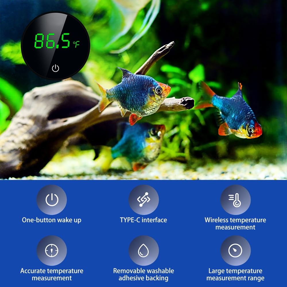 DONGKER Digital Aquarium Thermometer,USB LED Stick-on Fish Tank Thermometer with ℃/℉ Switching Buttons for Aquarium Temperature Measurement