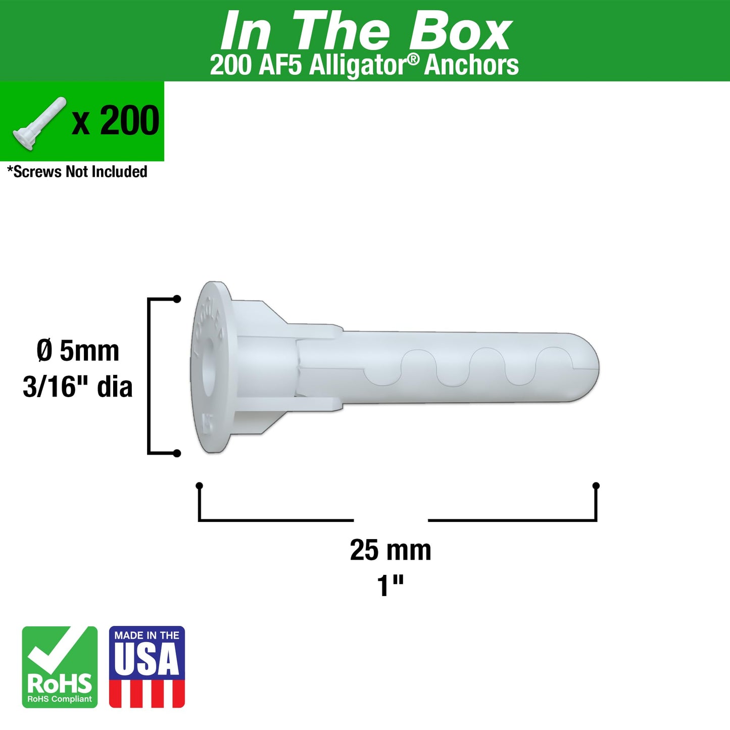 TOGGLER Alligator AF5 Flanged Anchor, Polypropylene, Made in US, for #4 to #9 Fastener Sizes (Pack of 200)