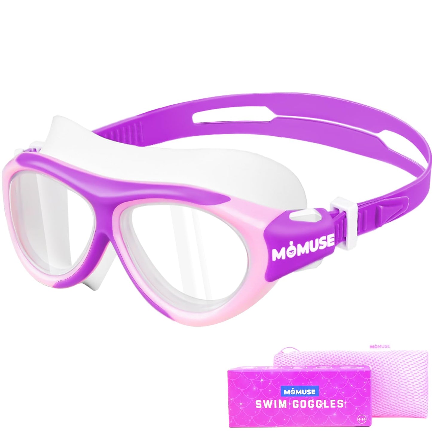 MOMUSE Kids Swim Goggles 8-16 with Wider Gasket, Pool Goggles Anti-Fog & Wide View & No Leak, Swimming Goggles for Girls (Purple)