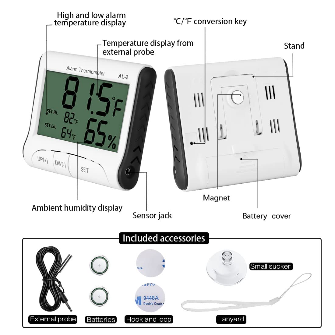 LXSZRPH Reptile Thermometer Hygrometer with High Low Temperature Alarm Digital Aquarium Thermometer with Hook and Loop Temperature Humidity Meter Gauge for Terrariums, Vivariums, Reptile Tanks (2)
