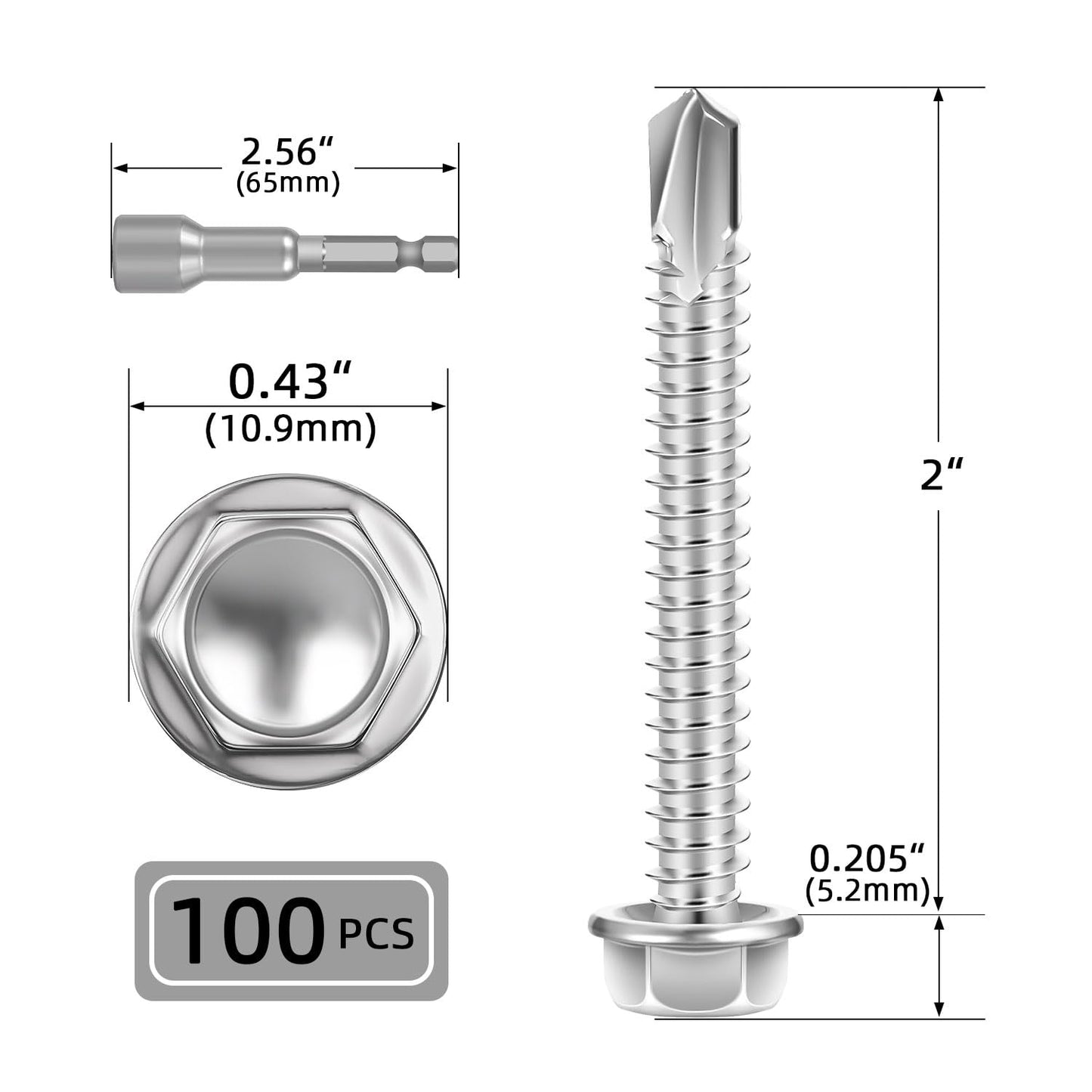 #12 x 2 (100 PCS) Sheet Metal Screws, Hex Washer Head Self Drilling Screw, 410 Stainless Steel Flanged Fast Self Tapping Screws, Hex Bit Socket Included