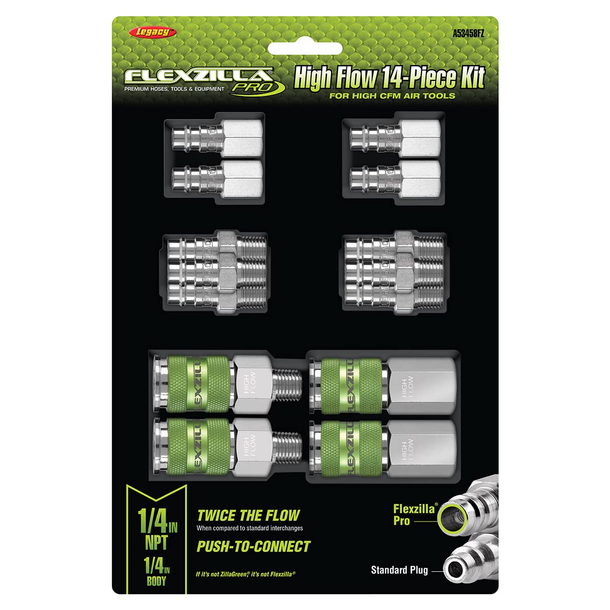 Flexzilla Pro High Flow Coupler & Plug Kit, 1/4" NPT, 14-Piece - A53458FZ