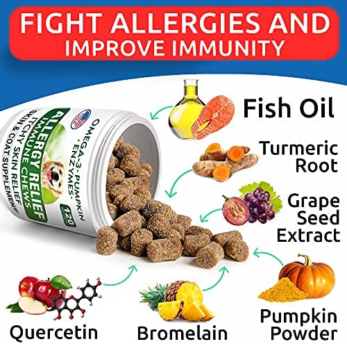 BARK&SPARK Dog Allergy Relief Chews - Anti-Itch Skin & Coat Supplement - Omega 3 Fish Oil - Itchy Skin Relief Treatment Pills - Itching&Paw Licking - Dry Skin&Hot Spots - (120 Immune Treats - Chicken)