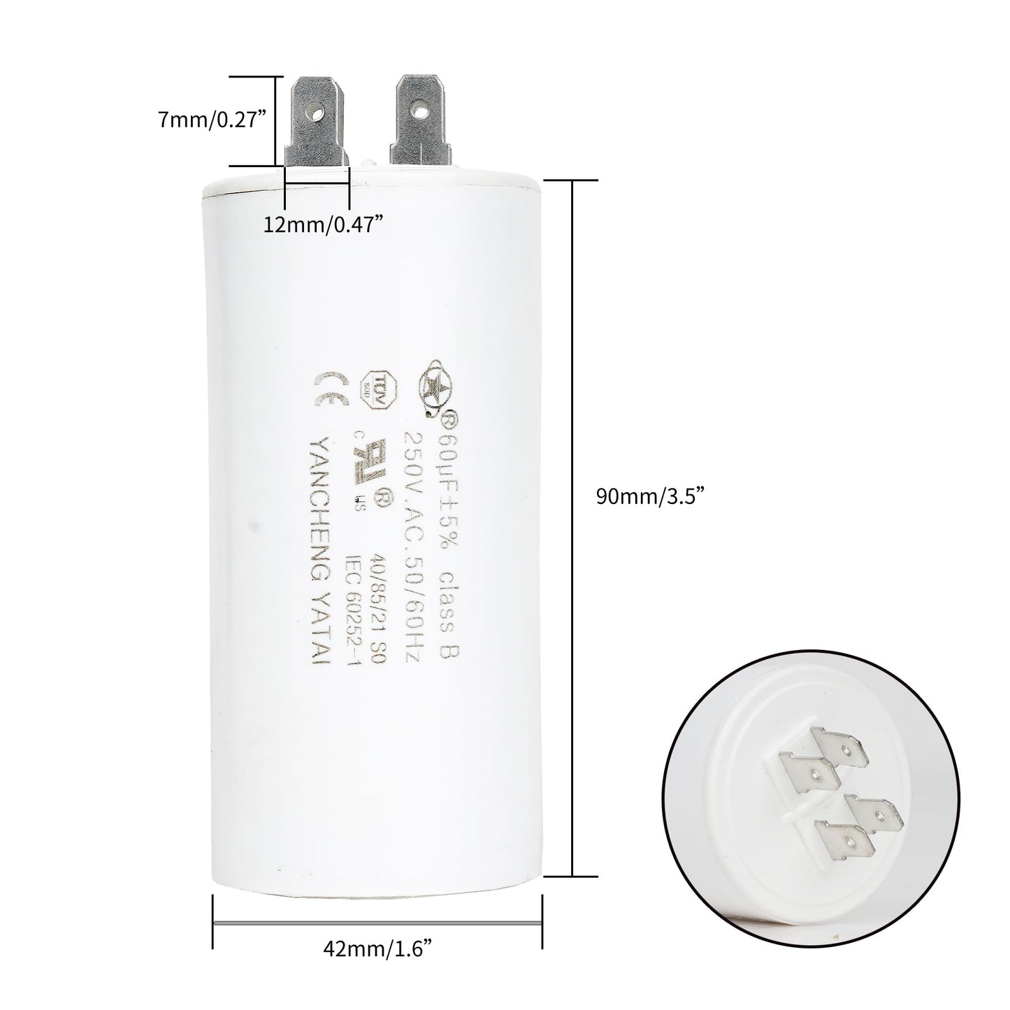 YATAI CBB60 Capacitor 60uF 250V AC, 4-Tab Motor Run Capacitor, 50/60Hz, 1.65 x 3.54 in Cylinder, for Standby Engine, Log Splitter, Pool Cooler, and AC Motor Applications