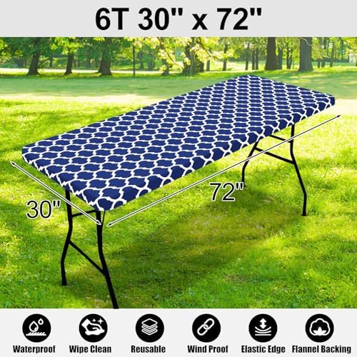 Smiry Rectangle Picnic Table Cover, Waterproof Elastic Fitted Camping Tablecloths for 6 Foot Tables, Wipeable Flannel Backed Vinyl Tablecloth Protector for Indoor, Outdoor (Navy, 30x72 Inches)