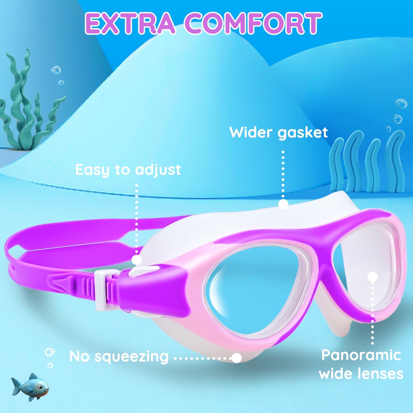 MOMUSE Kids Swim Goggles 8-16 with Wider Gasket, Pool Goggles Anti-Fog & Wide View & No Leak, Swimming Goggles for Girls (Purple)