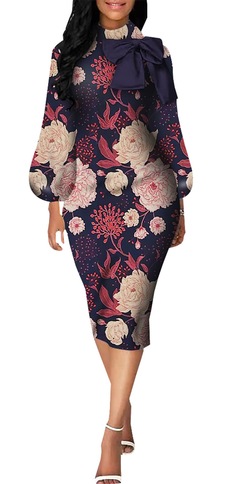 BestGirl Elegant Long Sleeve Dress for Women Bow Knot Bishop Sleeve Work Office Prom Bodycon Sexy Midi Dresses