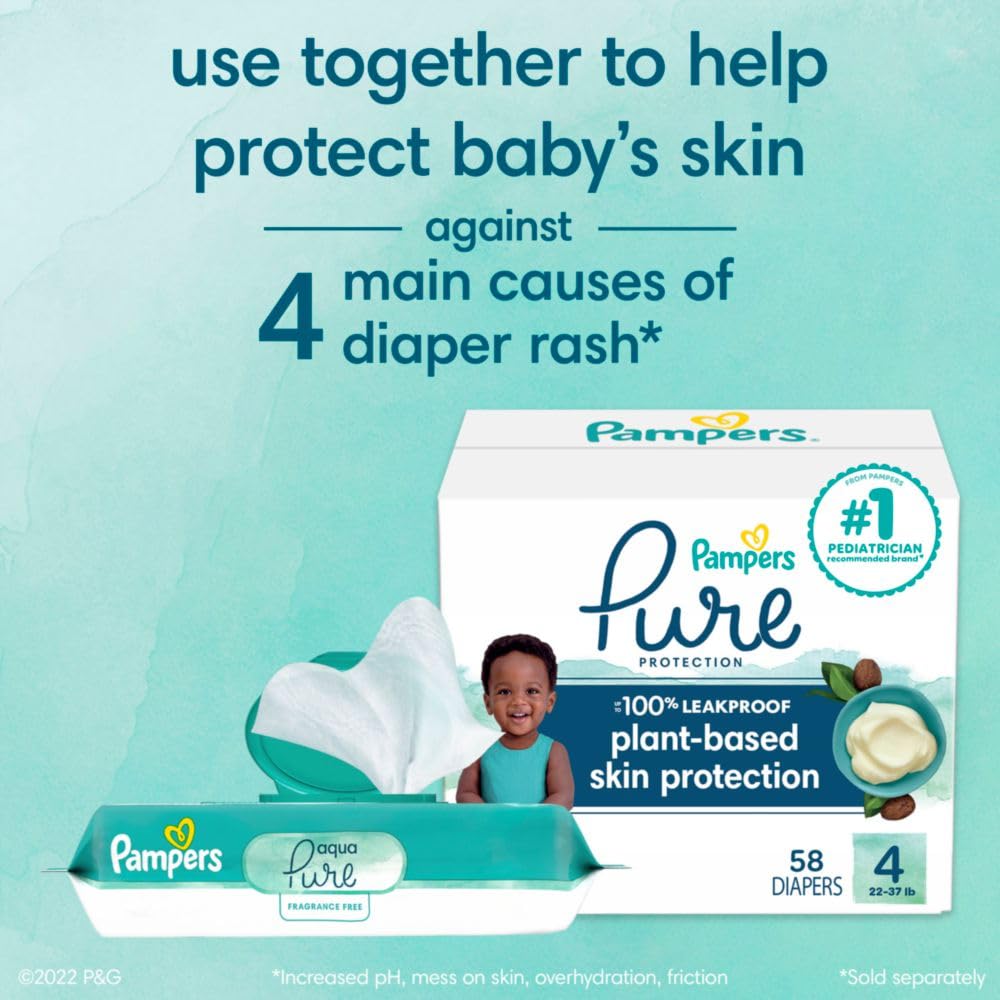 Pampers Baby Wipes Aqua Pure, 99% Water Based Wipes, Hypoallergenic and Unscented Infant Wipe, 448 Total (8 Flip-Top Packs)