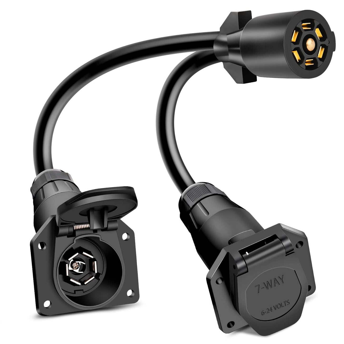 Nilight 7 Way Trailer Plug Y Pigtail Splitter Double Brasse 7Pin Female to Dual Male Trailer Plug Round Blade Connector for Connecting Slide in Truck Camper and Trailer Y Splitter