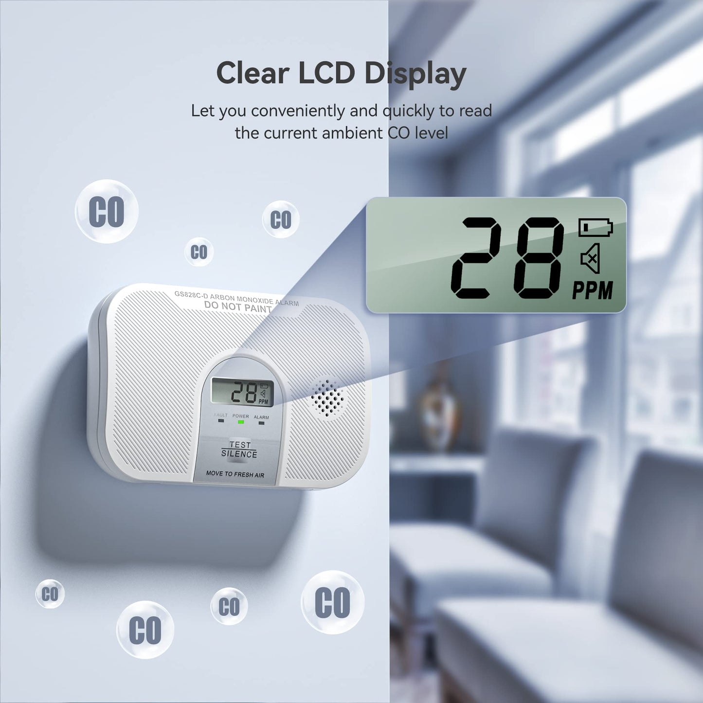 Siterlink Carbon Monoxide Detector, 10-Year Life Carbon Monoxide Alarm, Replaceable Battery CO Detector with LCD Digital Display and Test Button, 3 LED Lights CO Alarm for Home, GS828C-D, 2 Pack