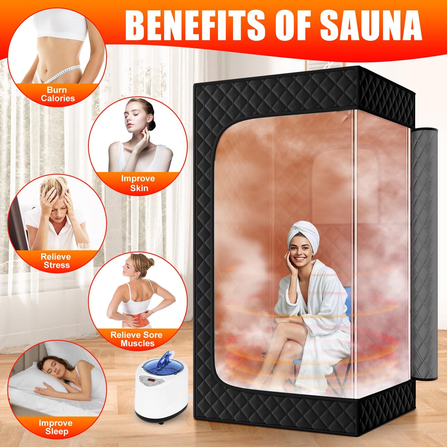 X-Vcak Upgraded Sauna Box for Relaxation, Detoxification, Portable Steam Sauna for Home with Steamer, 9 Levels, 2.6’ x 2.6’ x 5.9’