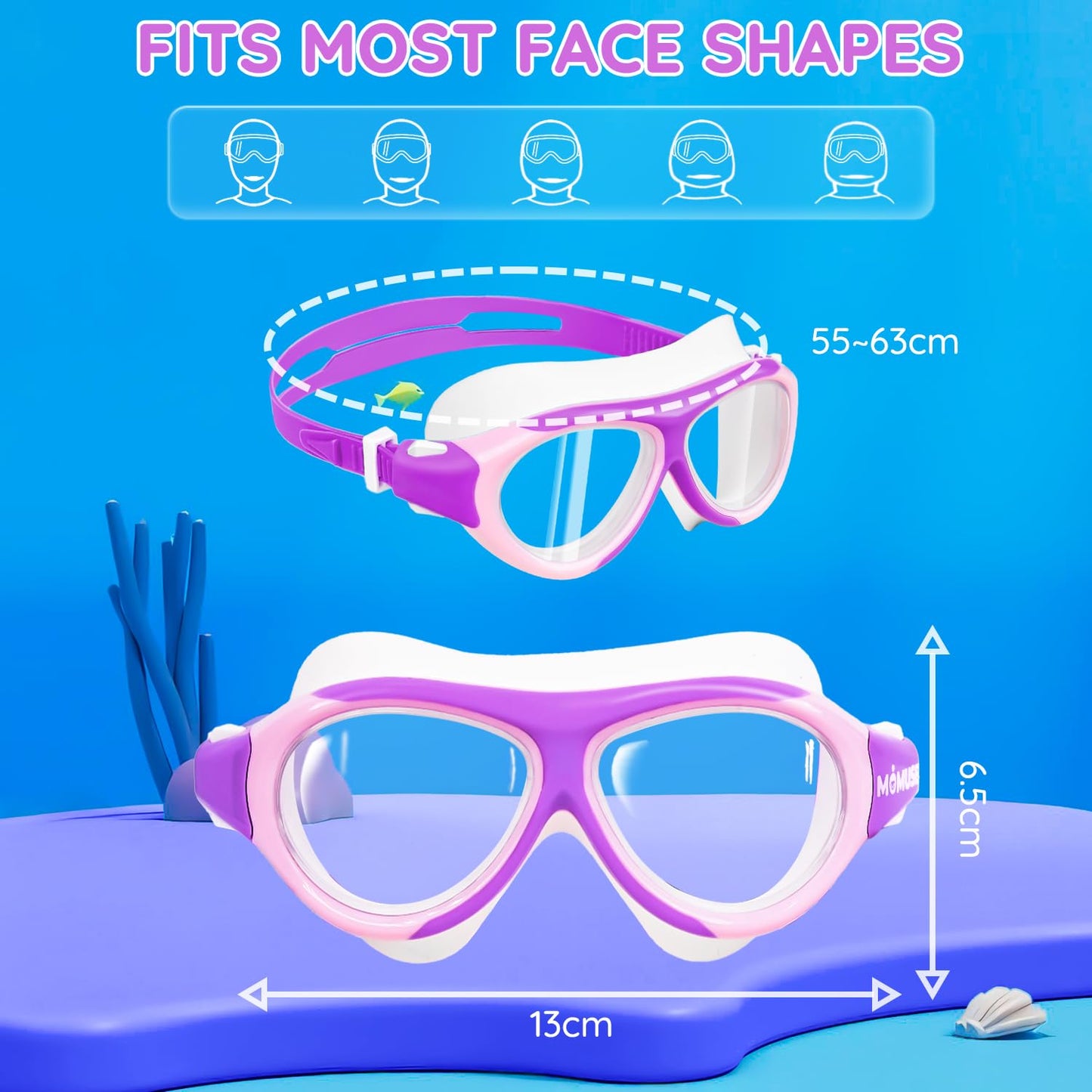 MOMUSE Kids Swim Goggles 8-16 with Wider Gasket, Pool Goggles Anti-Fog & Wide View & No Leak, Swimming Goggles for Girls (Purple)