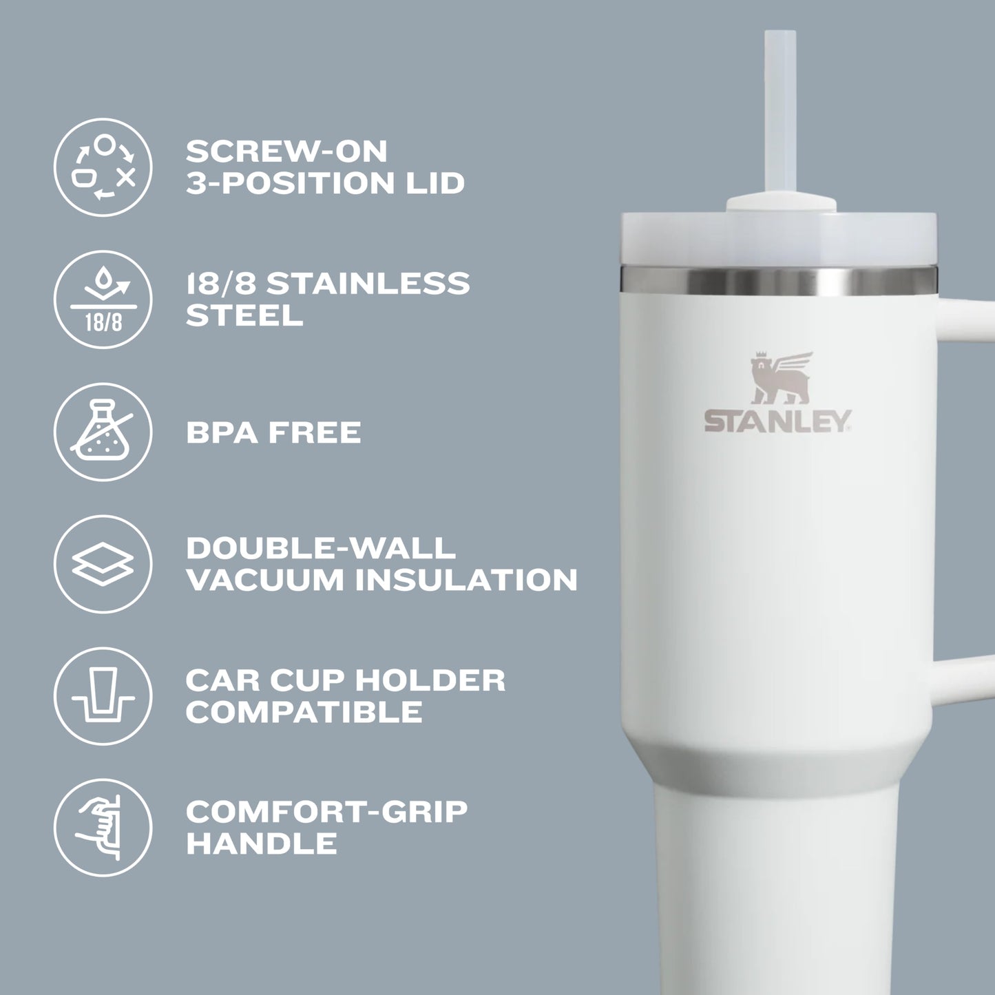 STANLEY Quencher H2.0 Tumbler with Handle & Straw 64 oz | Flowstate 3-Position Lid | Large Capacity for Travel & Sports | Insulated Stainless Steel Cup | BPA-Free | Black 2.0