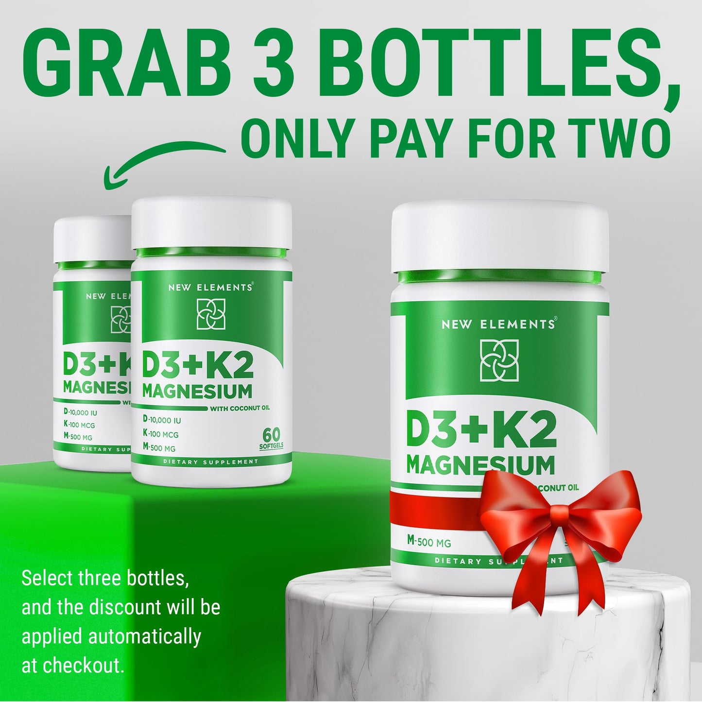 Vitamin D3 K2 10,000 IU with Magnesium Glycinate 500mg - Bone Health, Immune Support, Energy & Mood - Non-GMO, Gluten-Free, Sugar-Free Softgels for Women & Men (60 softgels)