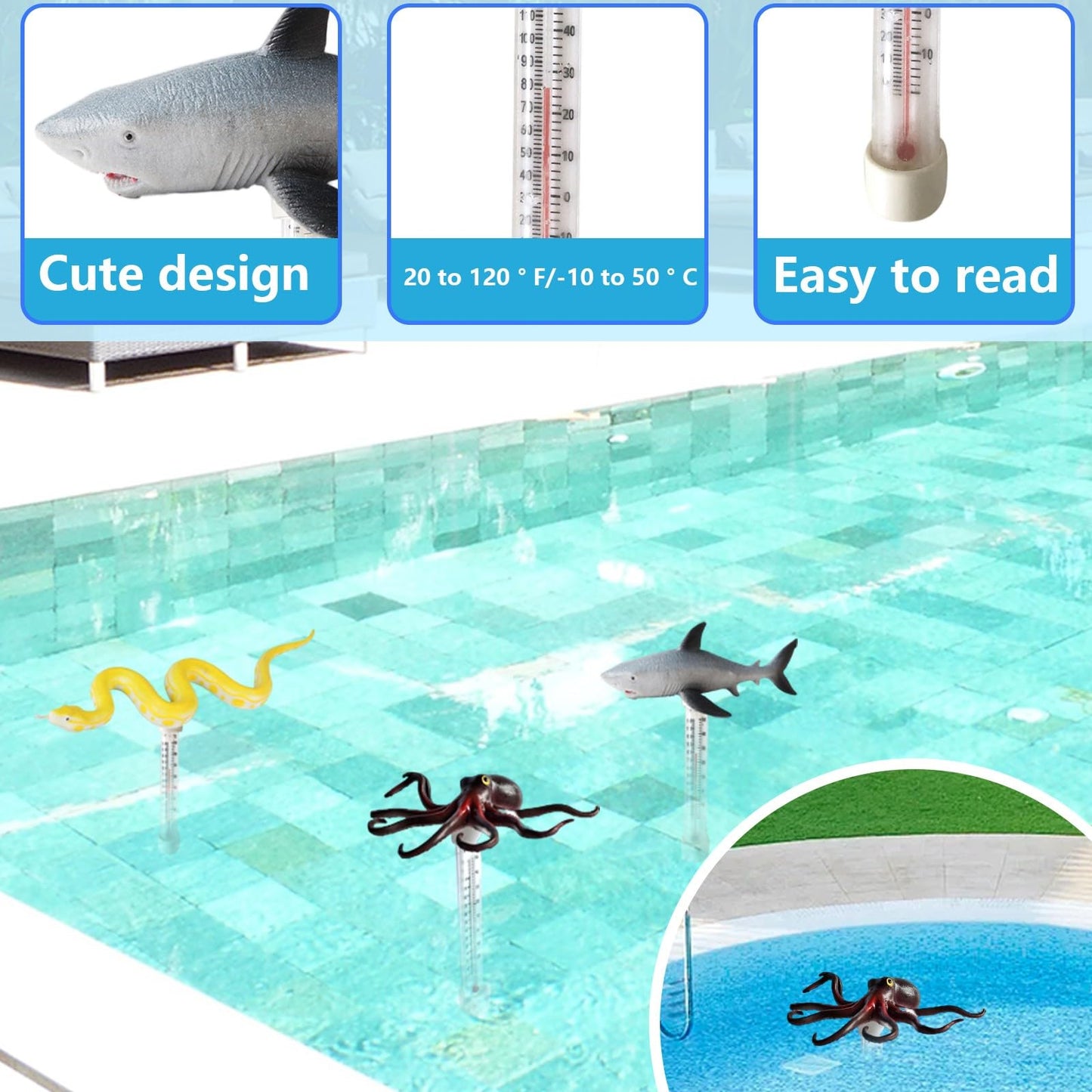 Pool Temperature Thermometers Floating, Funny Sea Animals Swimming Pool Thermometers, Large Size Easy Read Water Temperature Gauge for Water Aquarium Hot Tubs (Shark)