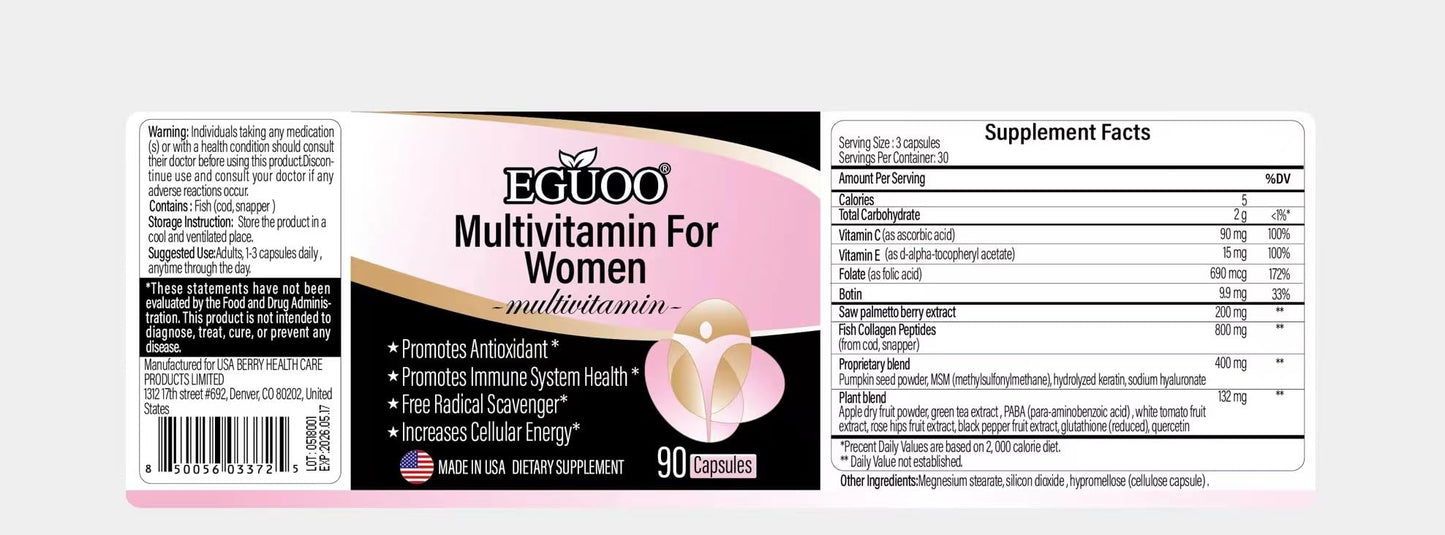 EGUOO Multivitamin for Women - Womens Multivitamin with Vitamin C, E, Biotin and Folic Acid Vitamins for Women - Womens Vitamins for Energy, Immune, Brain, Heart, Eye and Bone Health, 90 Capsules