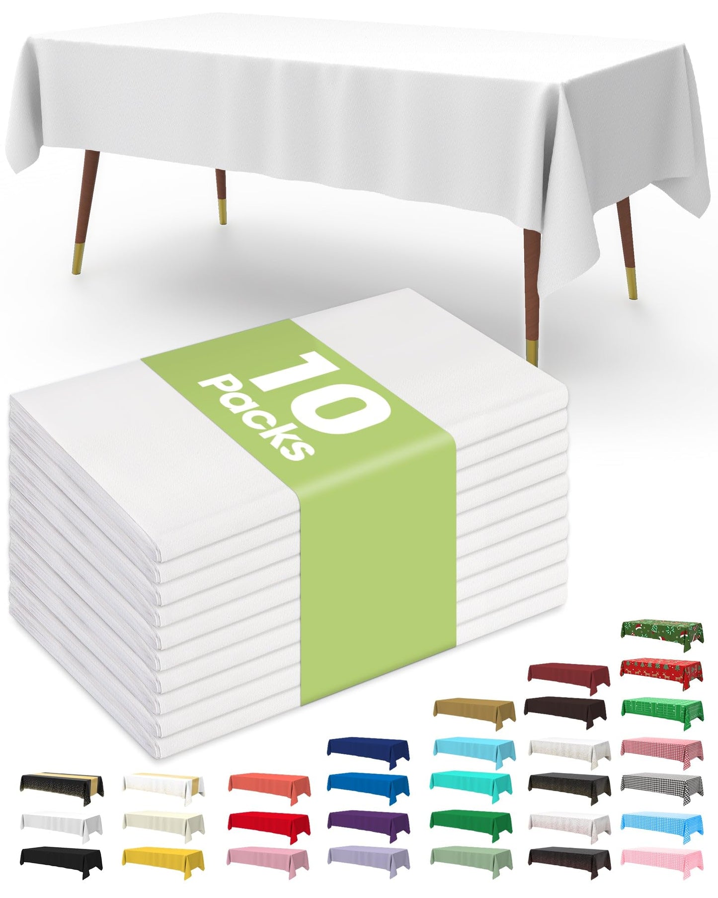 Pureegg Plastic Table Cloth Disposable 10 Pack, 54 x 132 Inch Table Cloths, Party, Picnic, Wedding, Decorative Tablecloths, Rectangle, White Plastic Cover, Leakproof & Sturdy, White