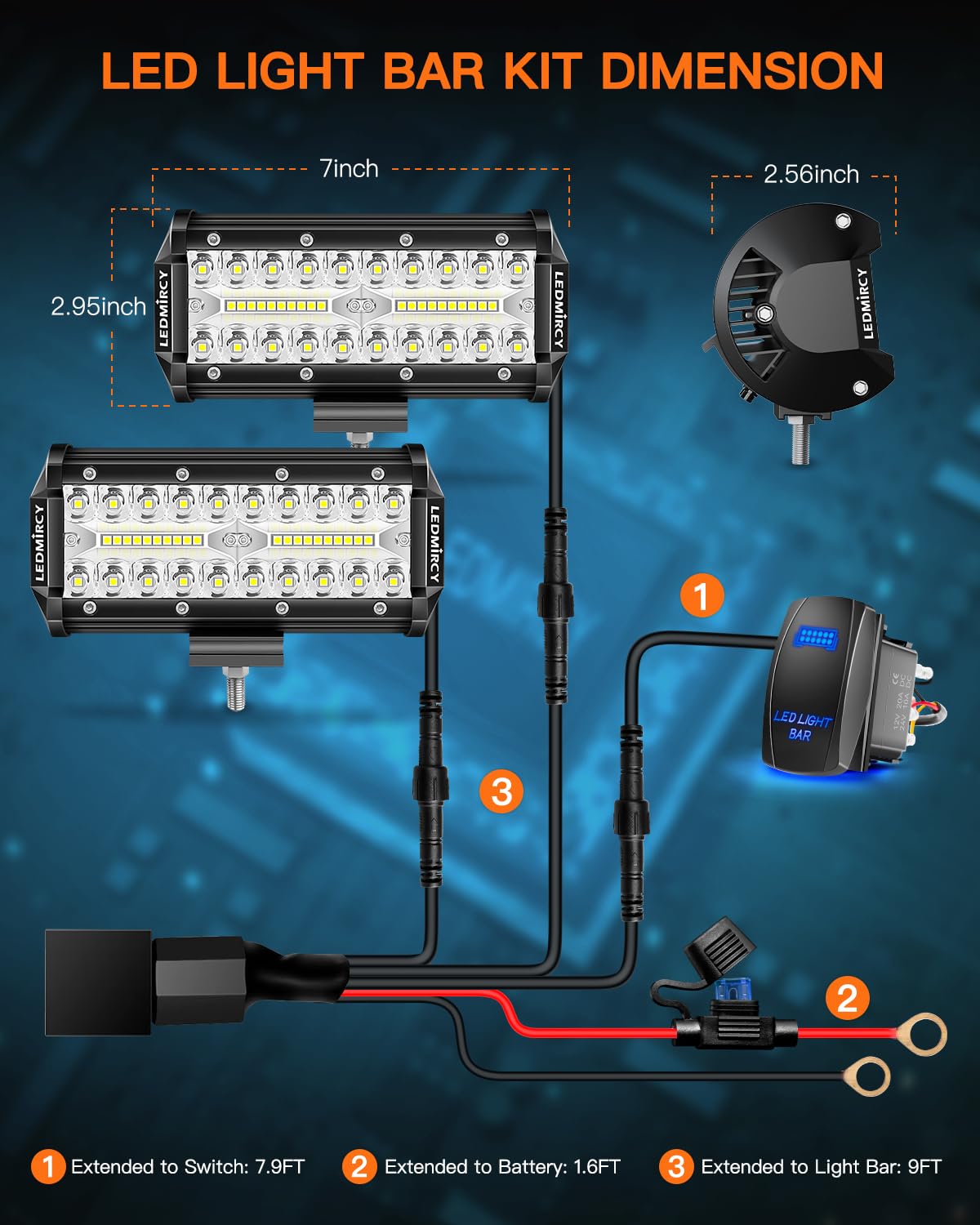 LEDMIRCY 7 Inch LED Light Bar Kit with Rocker Switch Wiring Harness 2PCS LED Pod Lights Triple Rows White Spot Flood Combo Beam Off Road Lights for Truck ATV SUV UTV Boat IP68 Waterproof