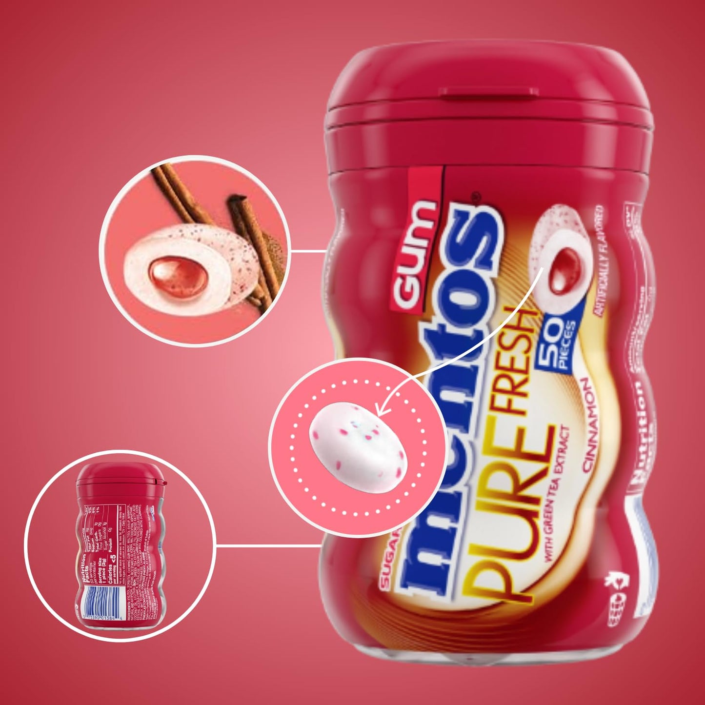 Pure Fresh Sugar Free Chewing Gum with Xylitol, Mento's Cinnamon, Bulk, 50 Piece Bottle (Pack of 3)