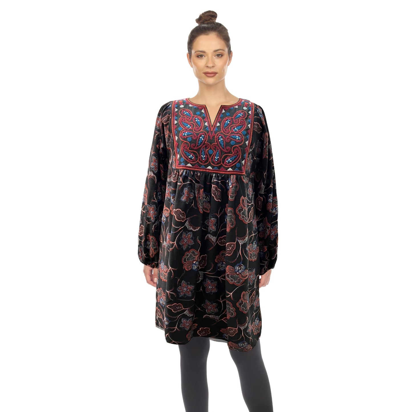 white mark Women's Floral Paisley Long Sleeve Embroidered Relaxed Sweater Dress Black/Burgundy