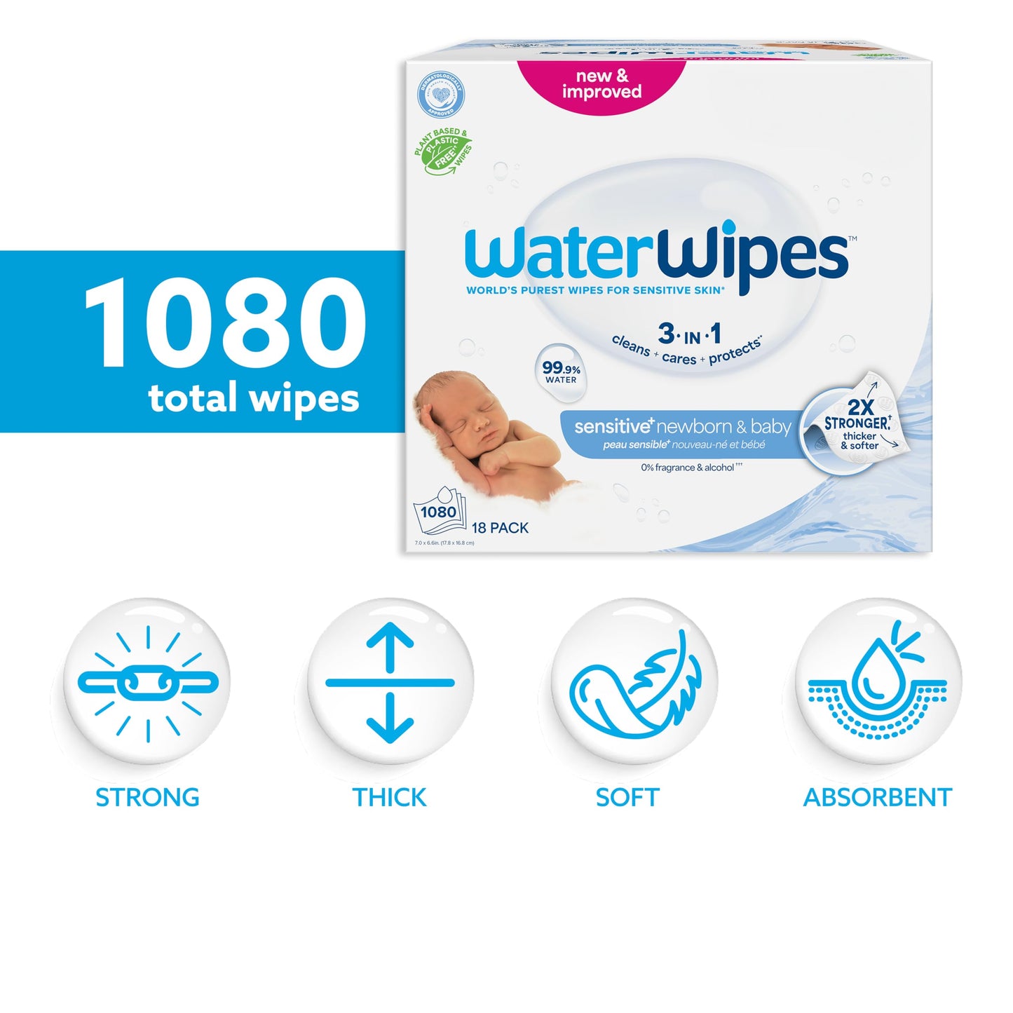 WaterWipes Original Baby Wipes, 99.9% Water, 3-In-1 Cleans, Cares, Protects, Unscented & Hypoallergenic, 1080 Count (18 Packs), Packaging May Vary