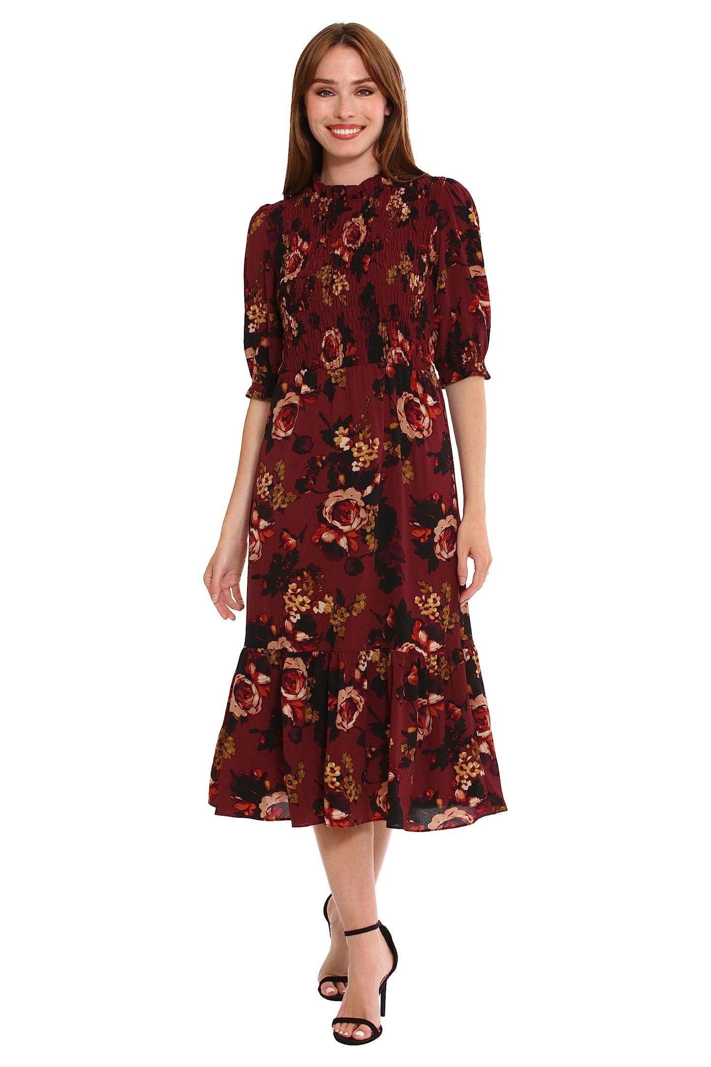 London Times Women's Dresses High Neck Sheer Midi Dress Red
