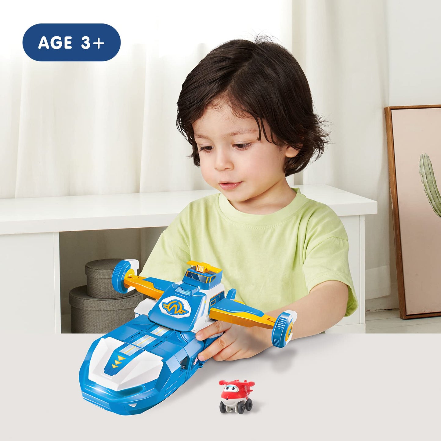 Super Wings 3-in-1 World Aircraft Transforming Robot with Light and Sound Effects, with a 2‘’ Transformable Robot Jett, Transformable Toy for Girls and Boys Aged 3 Years up, Blue