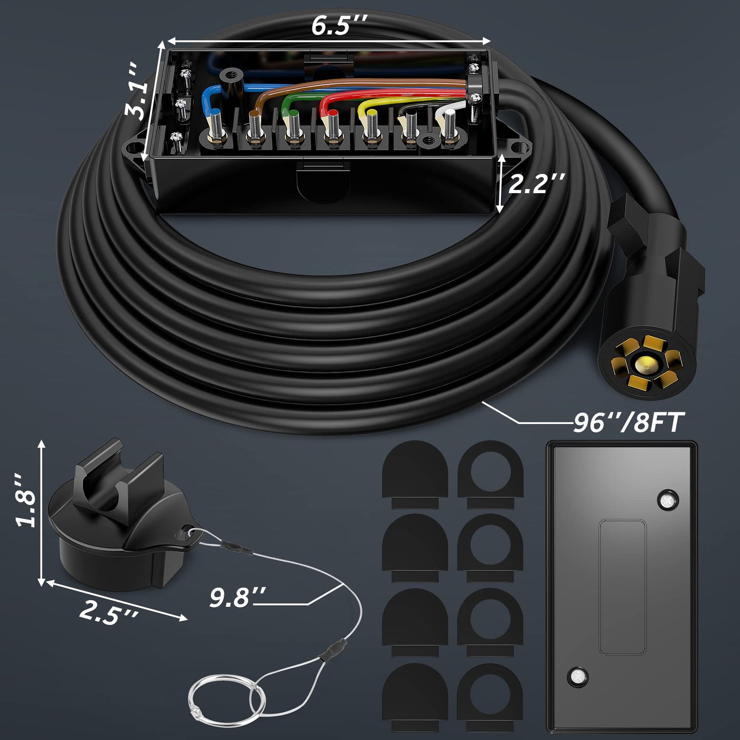 MICTUNING Heavy Duty 7 Way Plug Inline Trailer Cord with 7 Gang Junction Box 8 Feet, Weatherproof