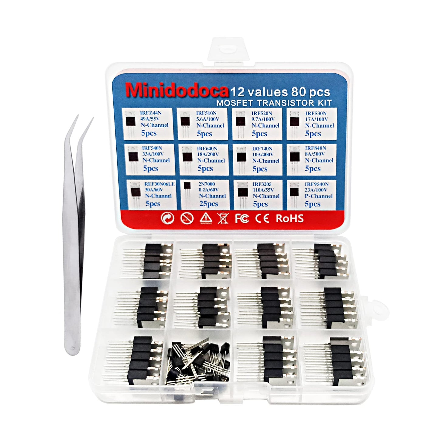 Minidodoca 12 Values 80 Pcs MOSFET Transistor Assortment Kit N&P Channel MOSFET IRFZ44N IRF510N IRF530N IRF530N IRF540N IRF640N IRF740 IRF840 RFP30N06LE 2N7000 IRF3205 IRF9540 Logic Level P&NMOS Kit