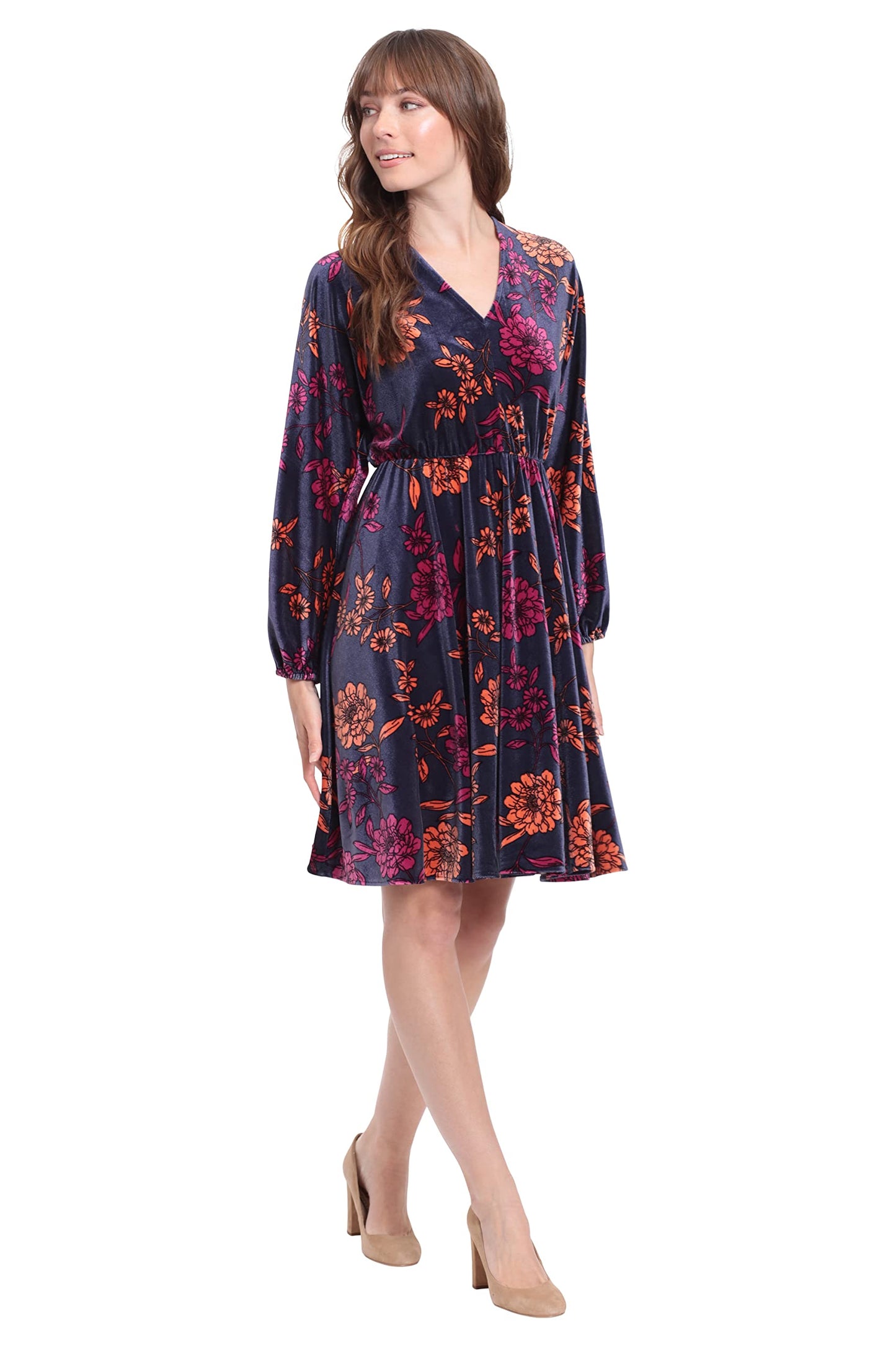 London Times Women's Long Sleeve V-Neck Dress, Navy/Burnt Ochre, X-Large