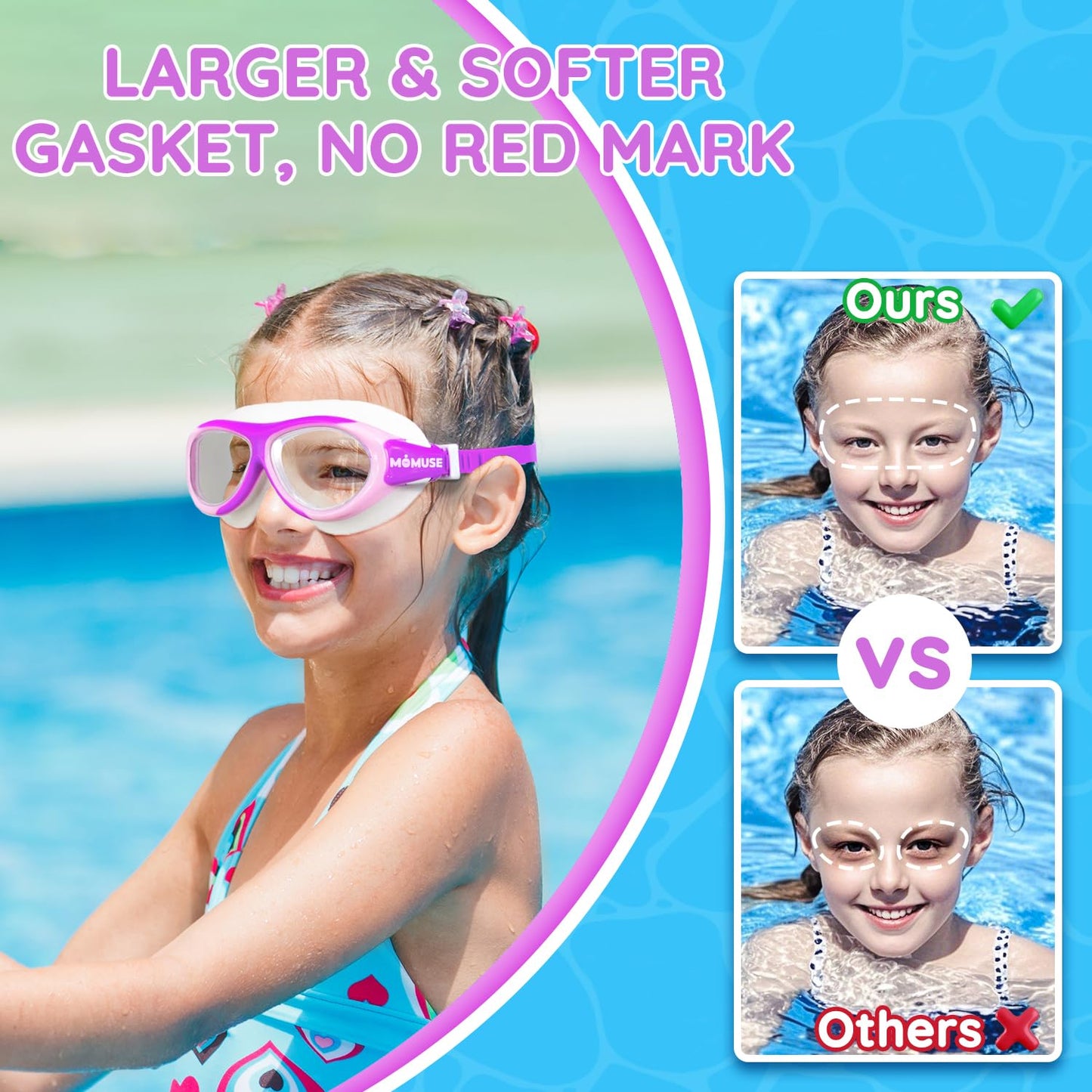 MOMUSE Kids Swim Goggles 8-16 with Wider Gasket, Pool Goggles Anti-Fog & Wide View & No Leak, Swimming Goggles for Girls (Purple)