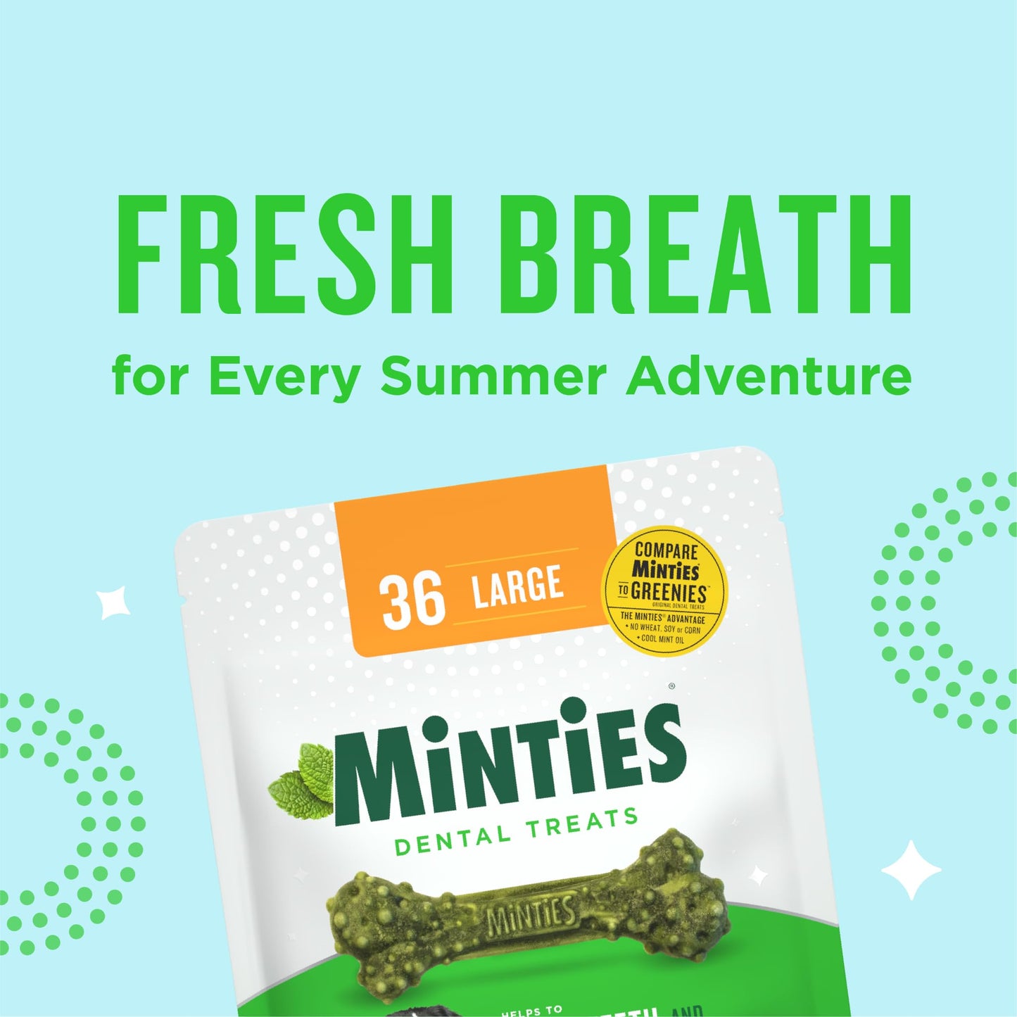 Minties Dental Chews for Dogs, 36 Count, Vet-Recommended Mint-Flavored Treats for Large Dogs Over 50 lbs, Dental Bones Clean Teeth, Fight Bad Breath, and Removes Plaque and Tartar