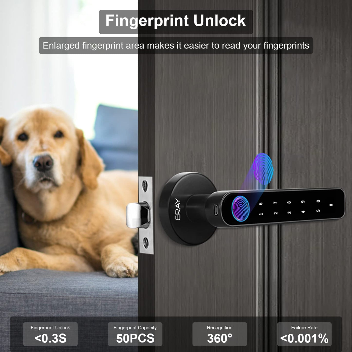 Fingerprint Door Lock Set, ERAY Smart Door Lock, 4 in 1 Keyless Entry Door Knob with Bluetooth APP, Fingerprint, Keypad Code, Keys, Interior Security Lock Set for Home Hotel Apartment