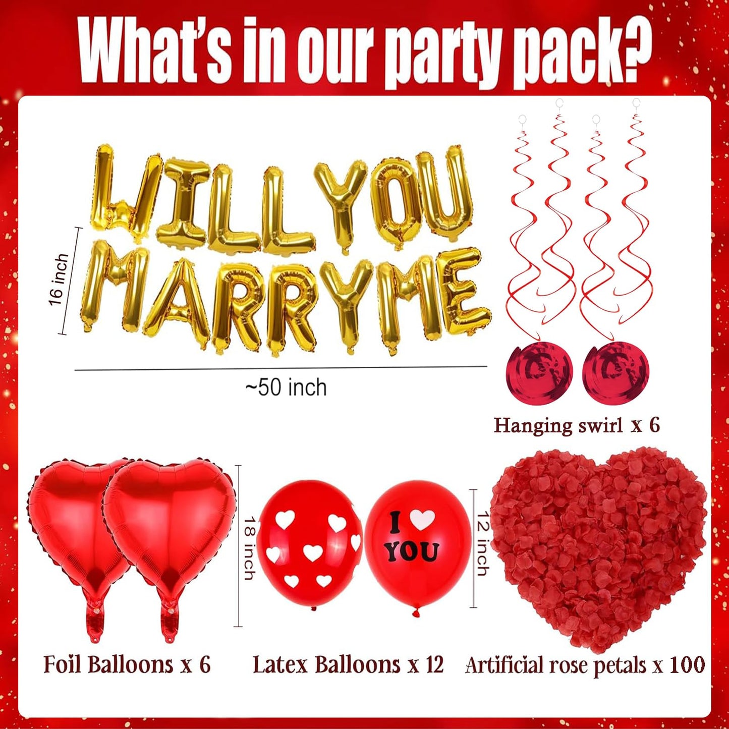 138 Pcs Will You Marry Me Decorations, Gold and Red I Love You Party Supplies, Swirls Foil Balloons Red Heart Balloons Rose Petals for Romantic Engagement Valentines Anniversary Decorations