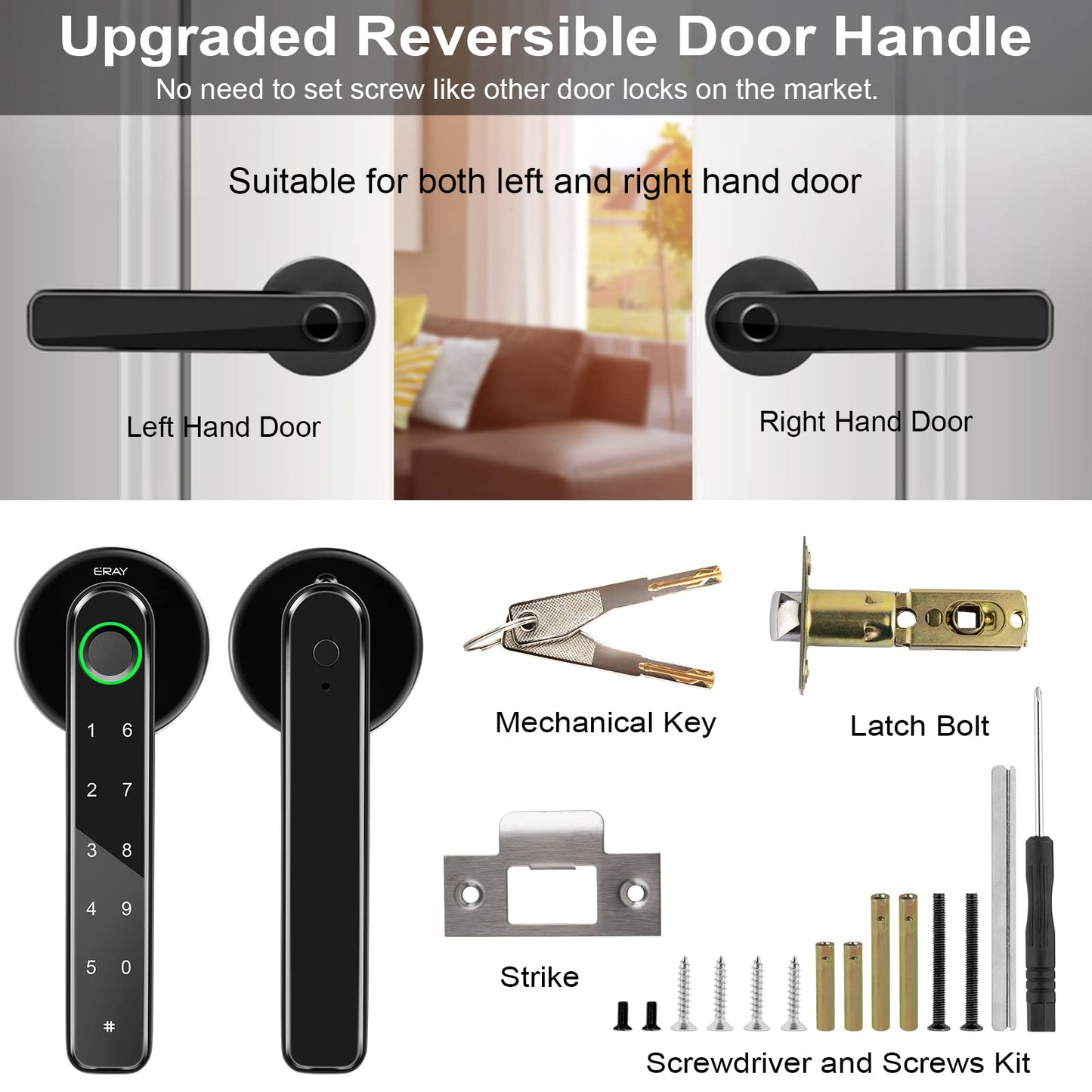 Fingerprint Door Lock Set, ERAY Smart Door Lock, 4 in 1 Keyless Entry Door Knob with Bluetooth APP, Fingerprint, Keypad Code, Keys, Interior Security Lock Set for Home Hotel Apartment