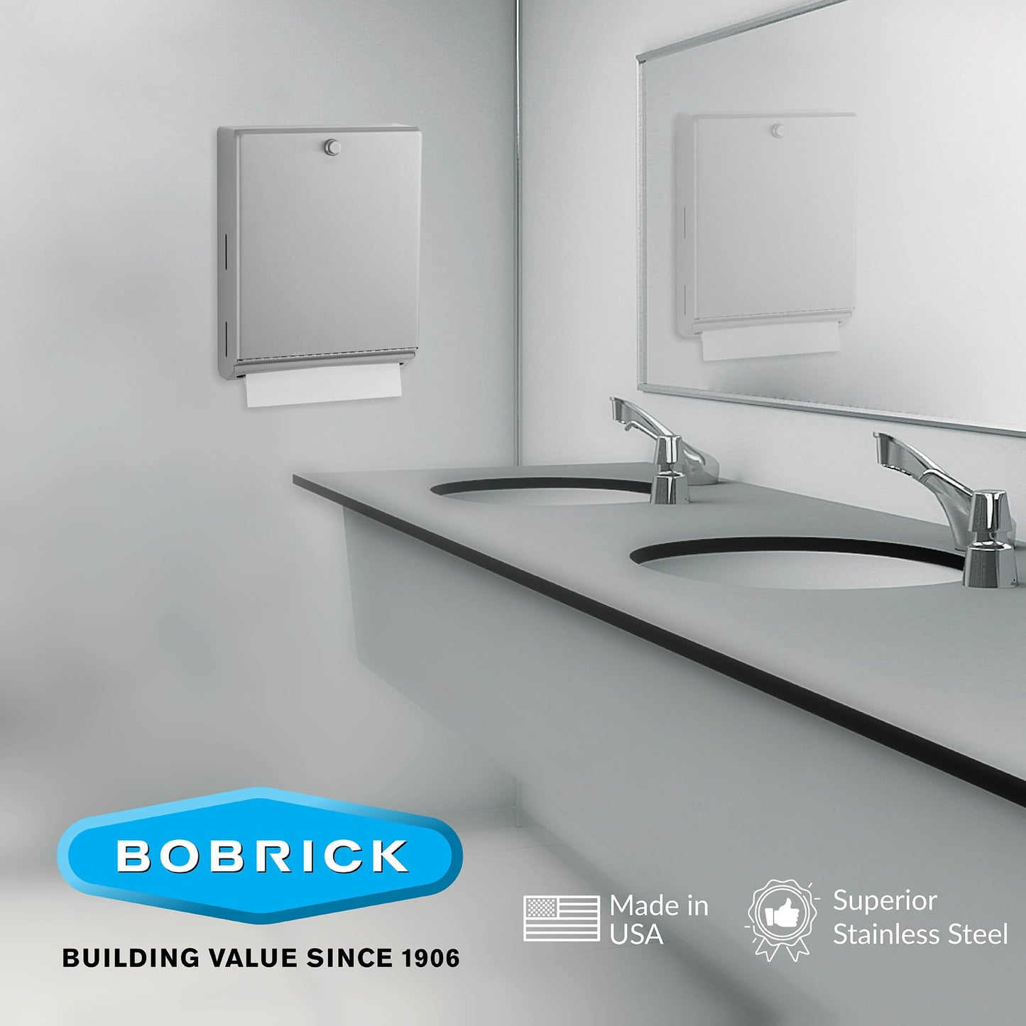 Bobrick B-2620 Surface Mounted Paper Towel Dispenser - Stainless Steel Commercial Bathroom Towel Dispenser with Knob-Latch 400 C-Fold or 525 Multifold Capacity