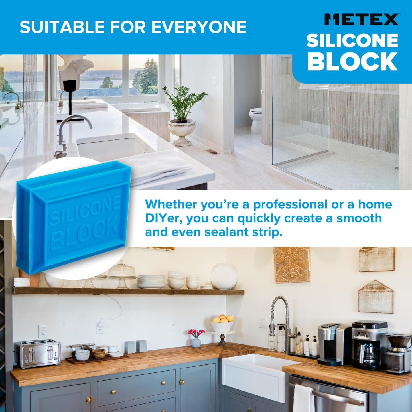 Metex Silicone Block - 5 in 1 Easy Grip Sealant Shaping & Finishing Caulking Tool - Creates A Consistent Width Bead. Sharp & Consistent Internal Corners with A Choice of 6mm Or 8mm Bead