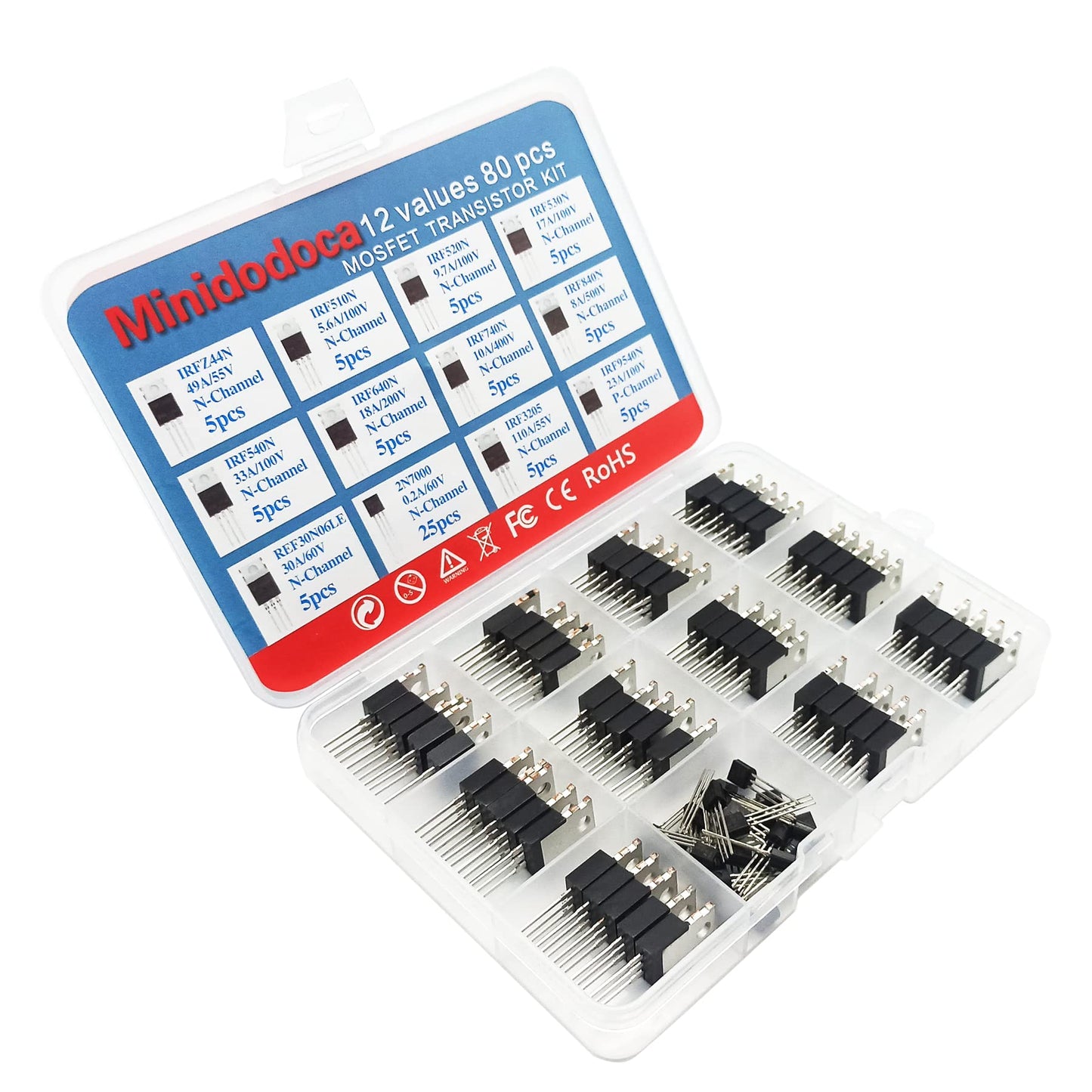 Minidodoca 12 Values 80 Pcs MOSFET Transistor Assortment Kit N&P Channel MOSFET IRFZ44N IRF510N IRF530N IRF530N IRF540N IRF640N IRF740 IRF840 RFP30N06LE 2N7000 IRF3205 IRF9540 Logic Level P&NMOS Kit