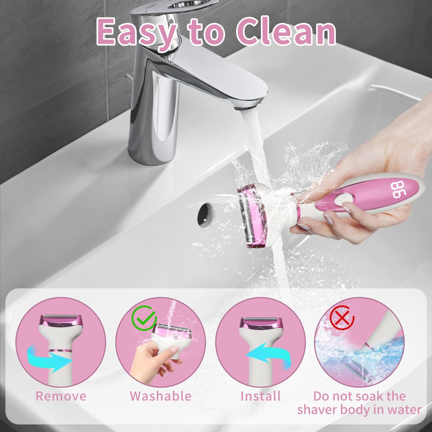 Beanify Electric Razor for Women Men,4 in 1 Painless Ladies Wet & Dry Body Razors and Facial Hair Remover,Rechargeable Led Display Hair Removal Kit for Nose Face Body Leg Bikini Arm Hair (Pink)