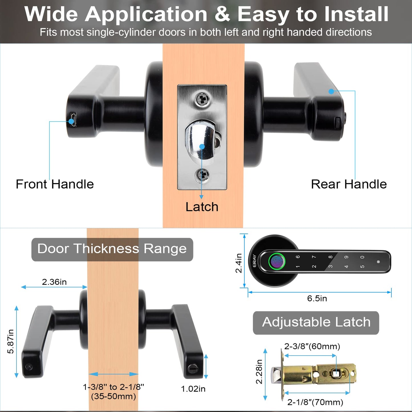 Fingerprint Door Lock Set, ERAY Smart Door Lock, 4 in 1 Keyless Entry Door Knob with Bluetooth APP, Fingerprint, Keypad Code, Keys, Interior Security Lock Set for Home Hotel Apartment