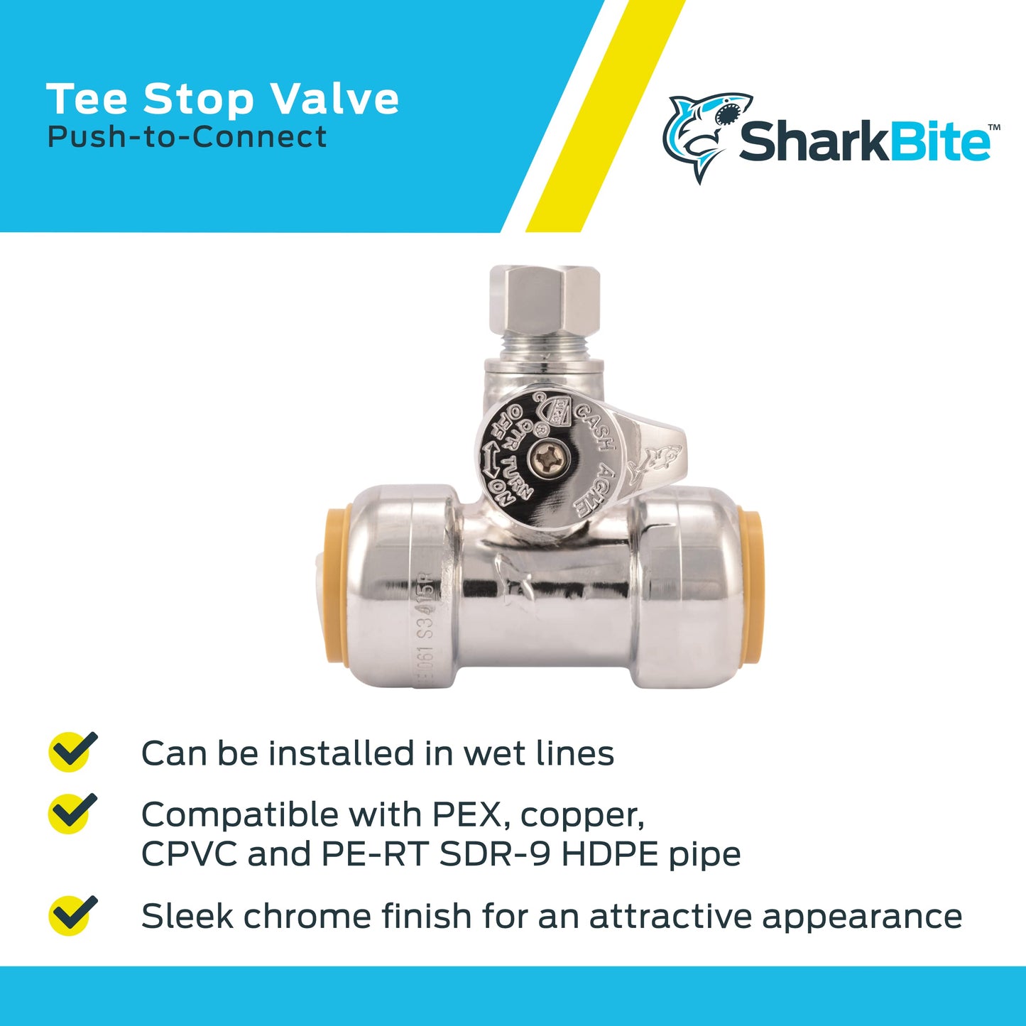 SharkBite 3/4 x 3/4 x 3/8 Inch Compression Tee Stop Valve, Push to Connect Brass Plumbing Fitting, PEX Pipe, Copper, CPVC, PE-RT, HDPE, 24986A
