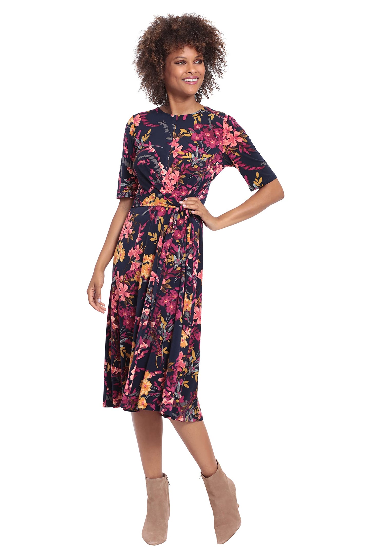 London Times Women's Side Waist Tie Fit and Flare Dress