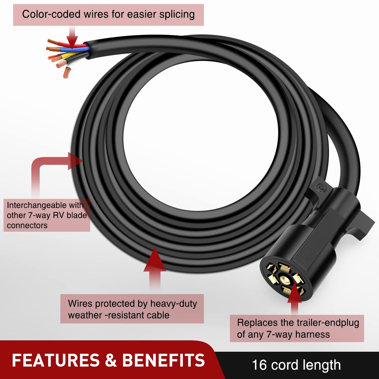Nilight 7Way 16FT 7 Way Trailer Extension Cord Heavy Duty Plug Inline Cord 16 FT for Truck Camper Blade Molded RV Cable Wire Weatherproof Corrosion Resistant 7 Pin Trailer Plug Wire Harness