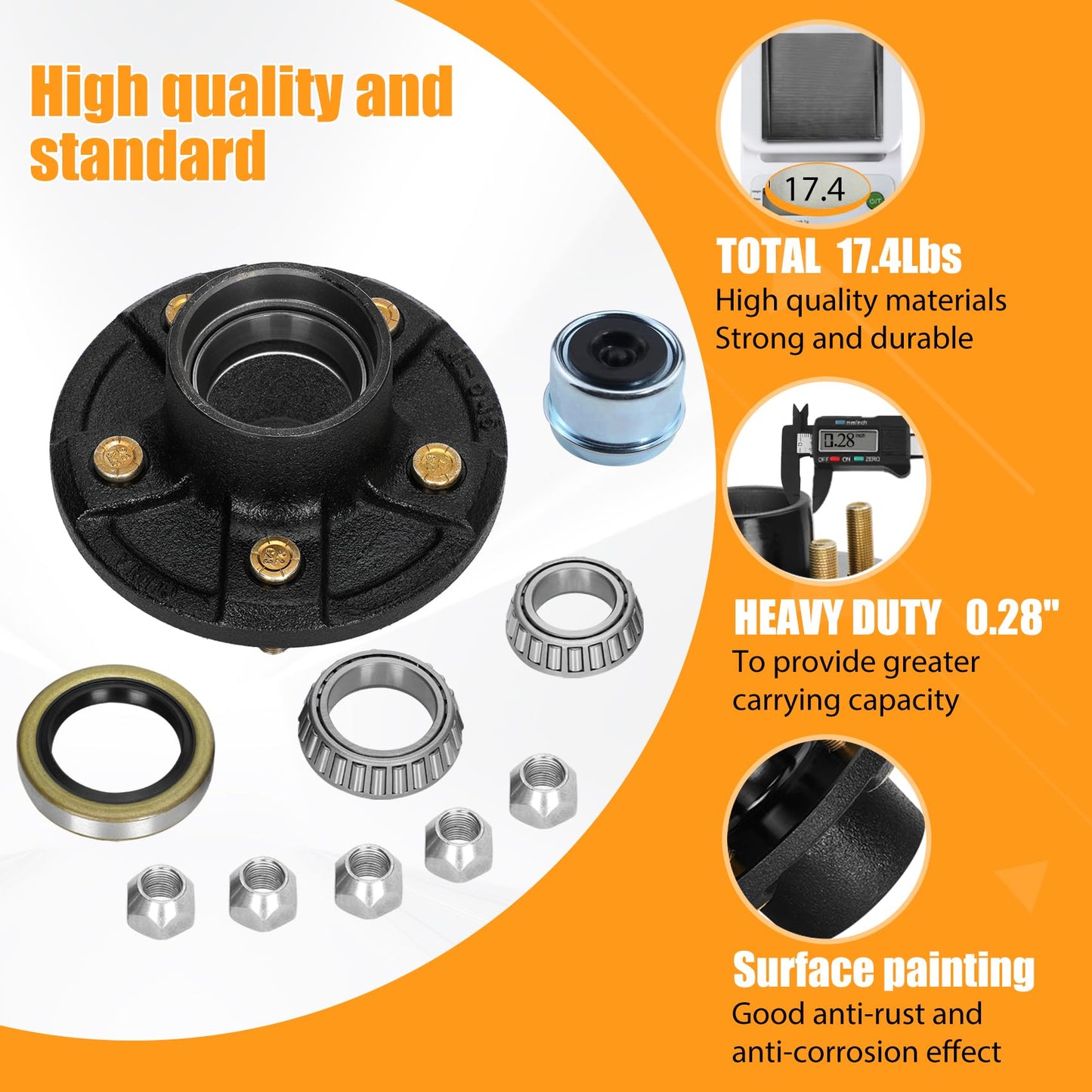 2 Sets 3500lb Trailer Axle Trailer Hub Kit 5 Bolt 4.5",5×4.5 Trailer Hub fit 1-1/16" to 1-3/8" Tapered Trailer Spindle,Trailer Hub Assembly,Boat Trailer Hubs 5 Lug (Not Fit for Straight Spindle)